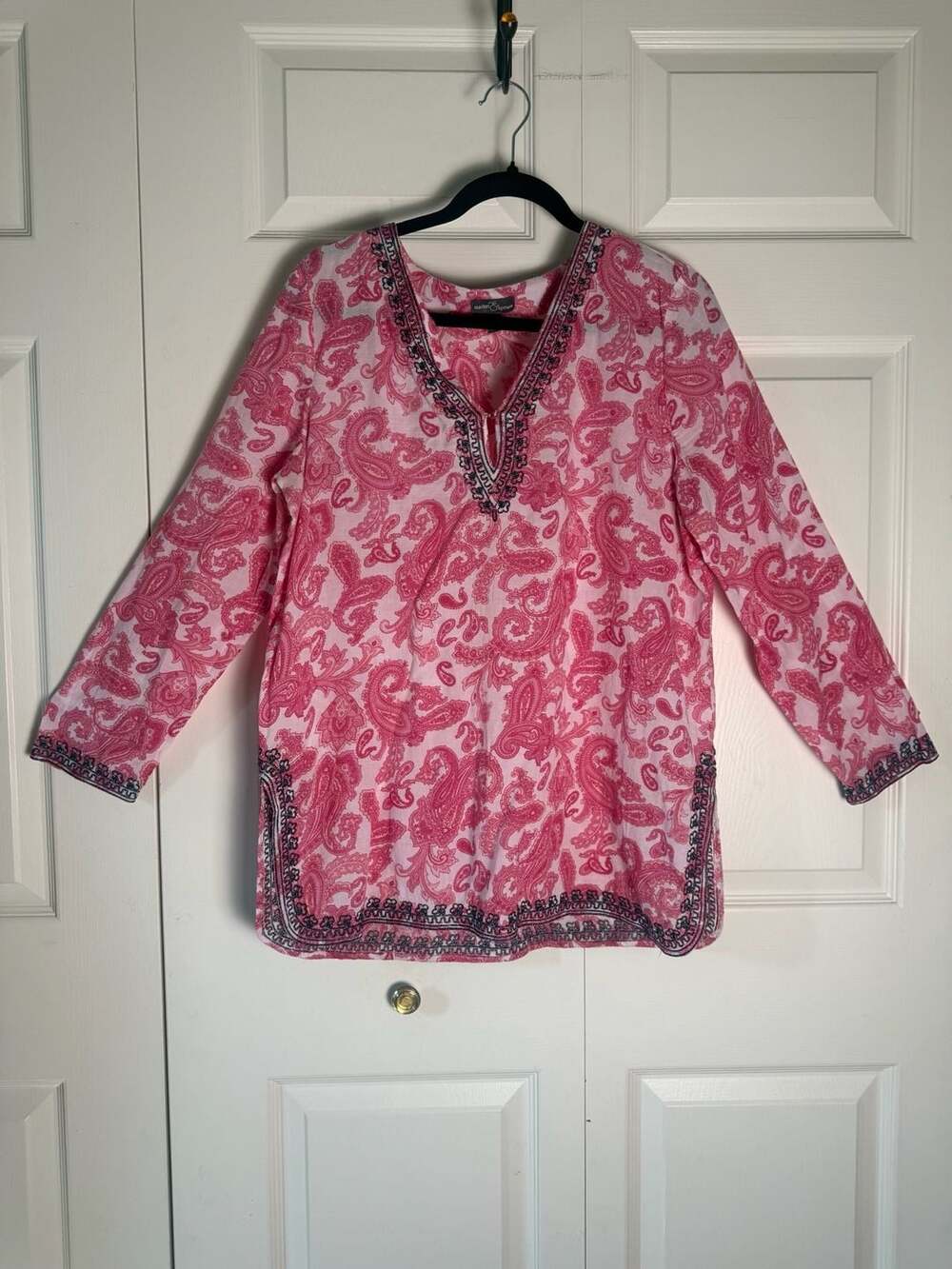 Market & Spruce Pink Paisley Embroidered Tunic Top M Boho Coastal 3/4 Sleeve